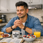 A man smiling and experiencing a peaceful prayer life while sitting at his kitchen counter with breakfast and coffee.