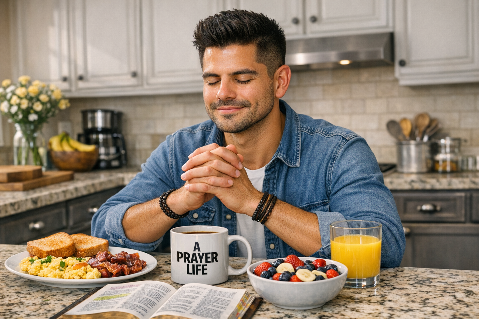 A man smiling and experiencing a peaceful prayer life while sitting at his kitchen counter with breakfast and coffee.