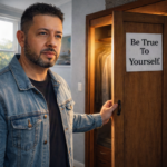 A man standing by an open closet door representing the struggle of finding his identity in Christ.