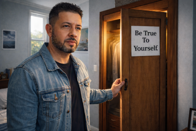 A man standing by an open closet door representing the struggle of finding his identity in Christ.