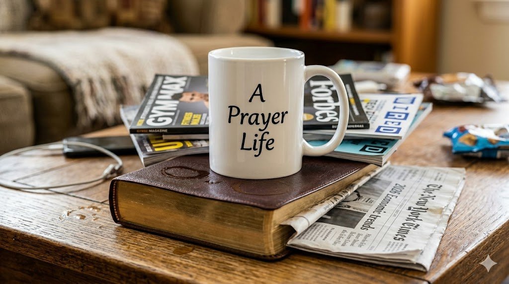 One of the clear signs of a lukewarm Christian: A large Bible used as a coaster for a coffee mug, depicting the prioritization of aesthetic over spiritual discipline.