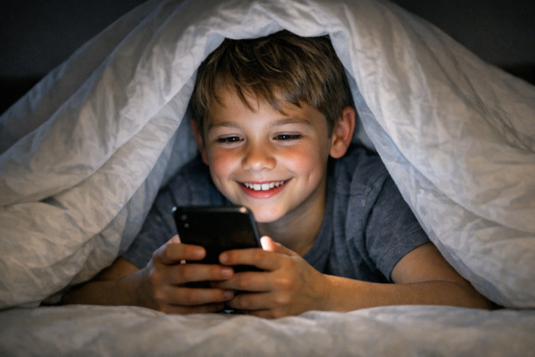 A young child smiling while looking at a glowing smartphone under a blanket, illustrating the reality of unmonitored screen time for kids.