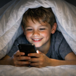 Screen time for kids: A young child looking at a glowing smartphone under a blanket at night.