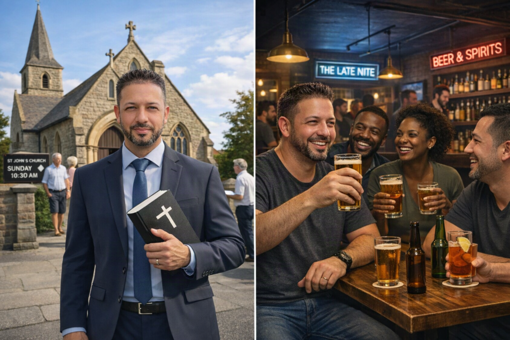 Split image of a man holding a Bible outside a church and socializing with friends at a bar.