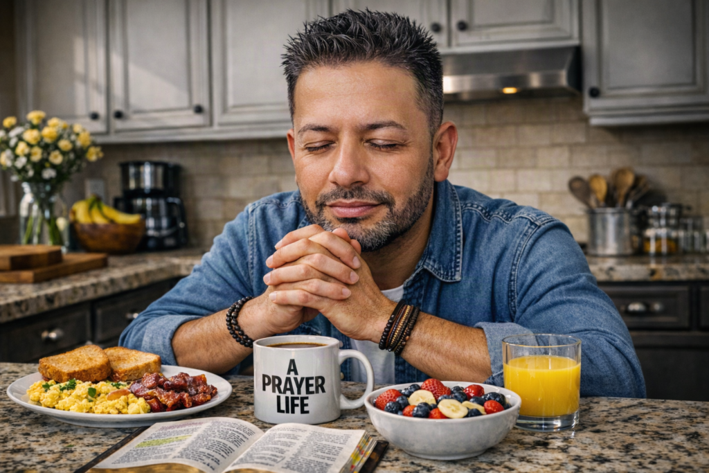 A Prayer life in action: A man enjoying a quiet moment of connection over morning coffee.