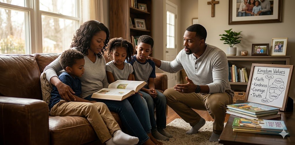 A diverse family sitting together on a leather sofa, engaged in a Bible study session to illustrate the concept of Raising Kingdom Kids through faith-based parenting and spiritual growth.