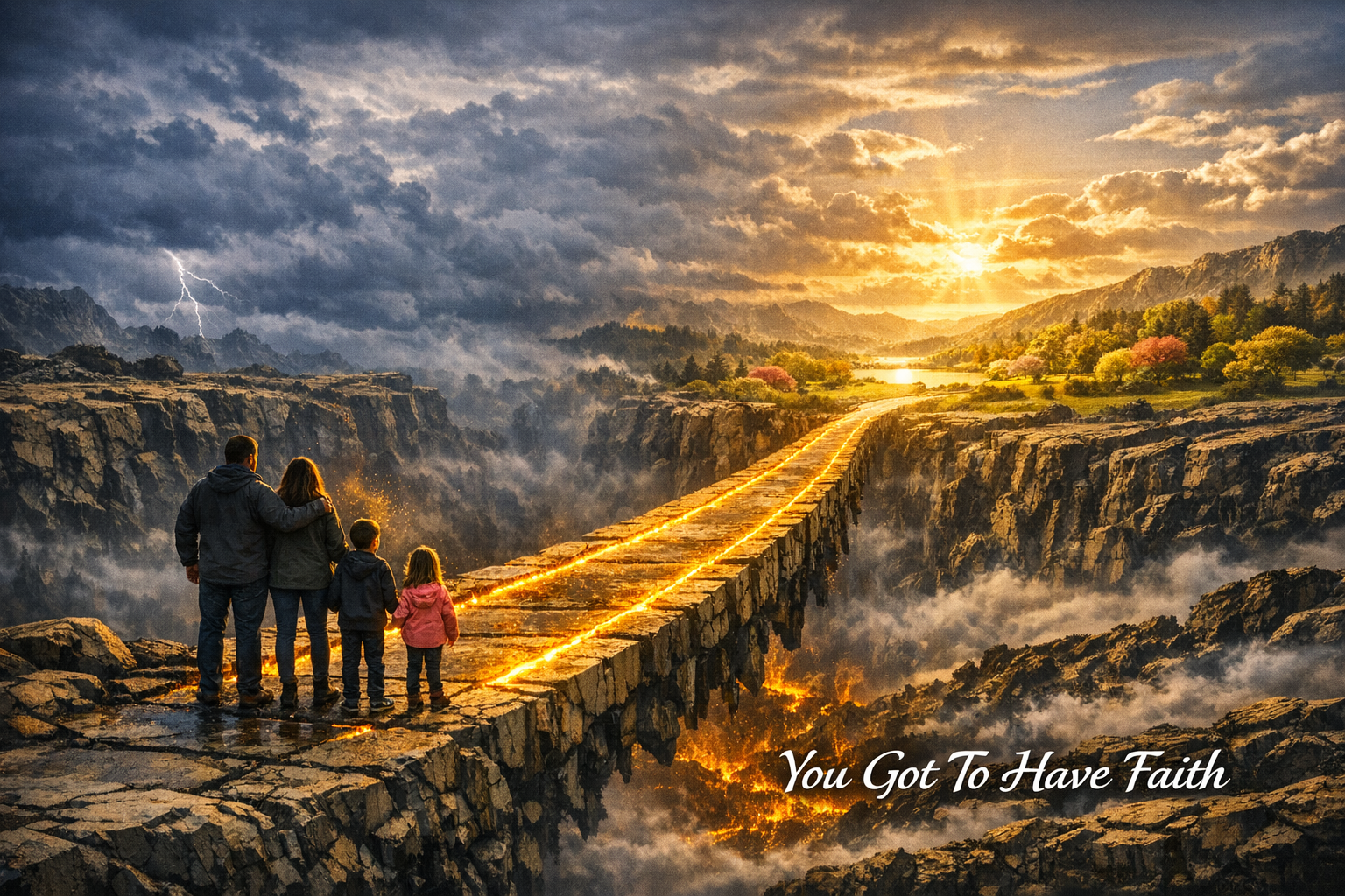 A dramatic photograph illustrating Faith, showing a family standing at the start of a dangerous, rail-less rock bridge spanning a fiery chasm, preparing to cross toward a peaceful, sunlit land of happiness on the other side.