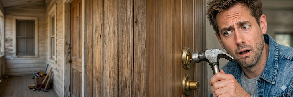 Prayer as the key: A man looking confused as he tries to force a door open with a hammer instead of using the right tool.