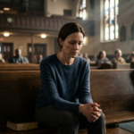 A woman looking down with a sad expression while sitting in a church pew, capturing the feeling when God feels distant during worship.