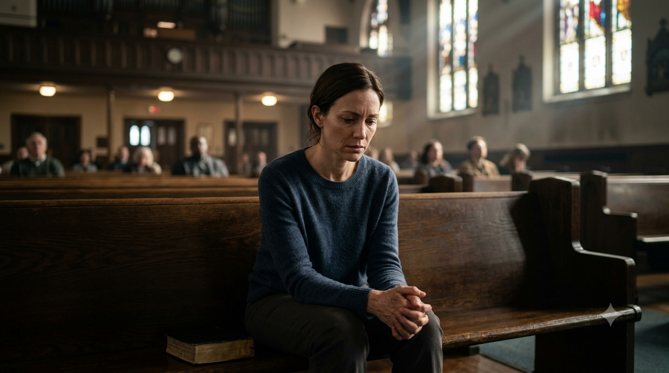 A woman looking down with a sad expression while sitting in a church pew, capturing the feeling when God feels distant during worship.